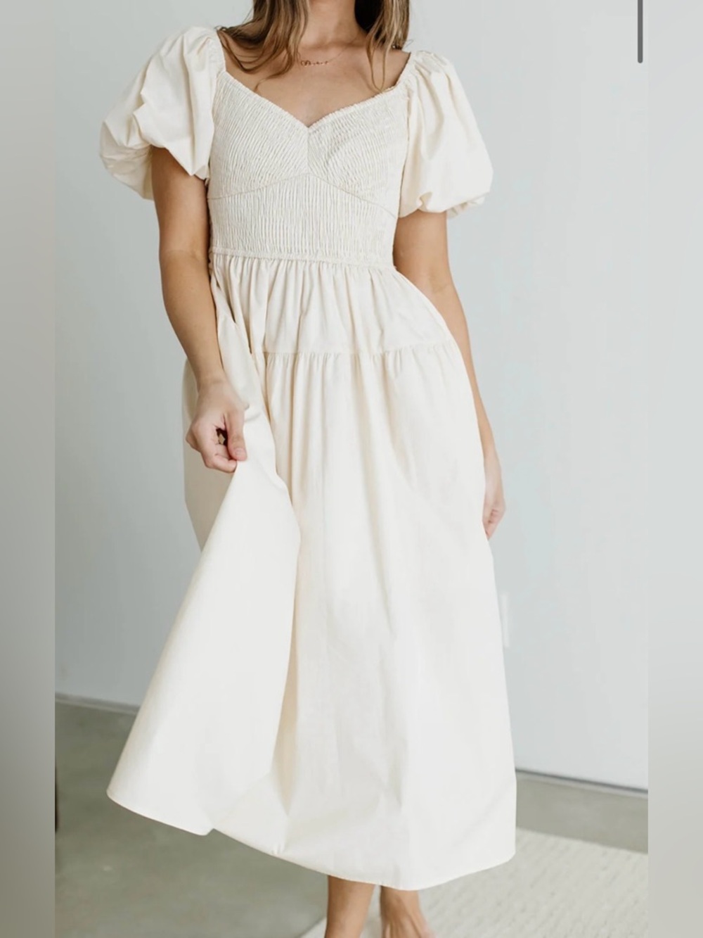 Poplin Smocked Midi Dress in Oyster (Size S)
